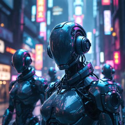 The primary subject of the image is a futuristic robot with a silver appearance. The robot is standing in a city street, surrounded by a few other robots. The setting is a city environment, with buildings and other urban elements visible in the background. The visual style of the image is a combination of photo and digital art, creating a unique and intriguing scene. The colors and mood of the image are predominantly silver and dark, giving it a futuristic and mysterious atmosphere.